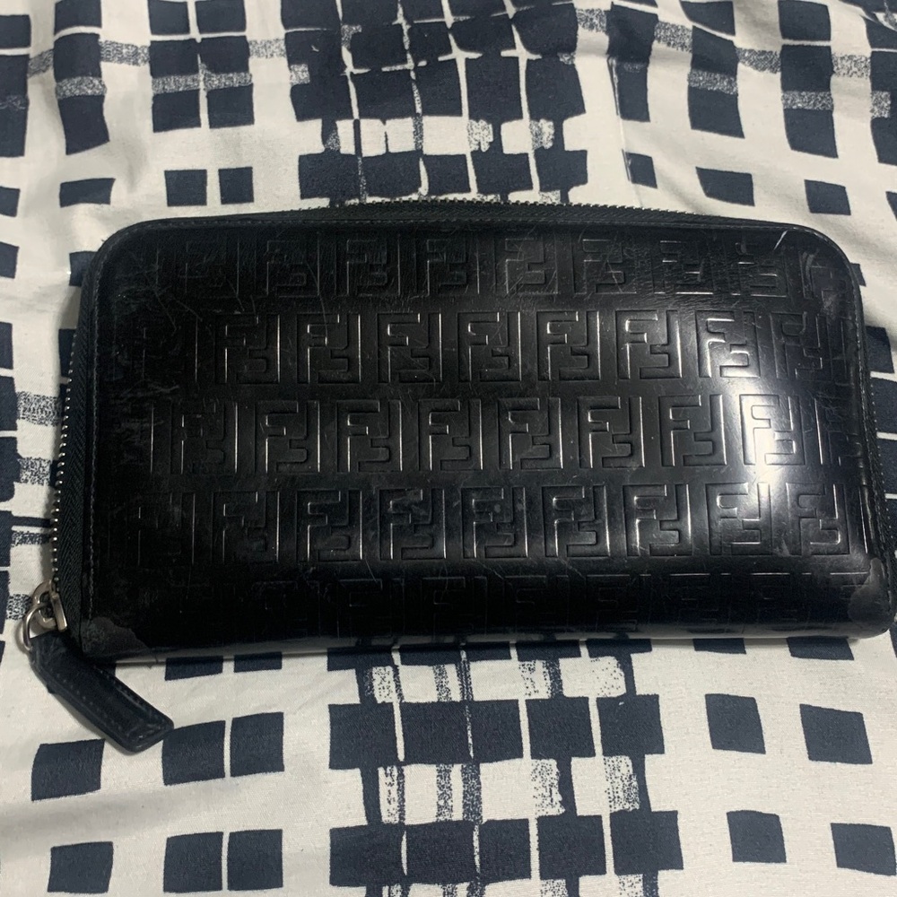 Fendi Black Embossed Zipper Wallet